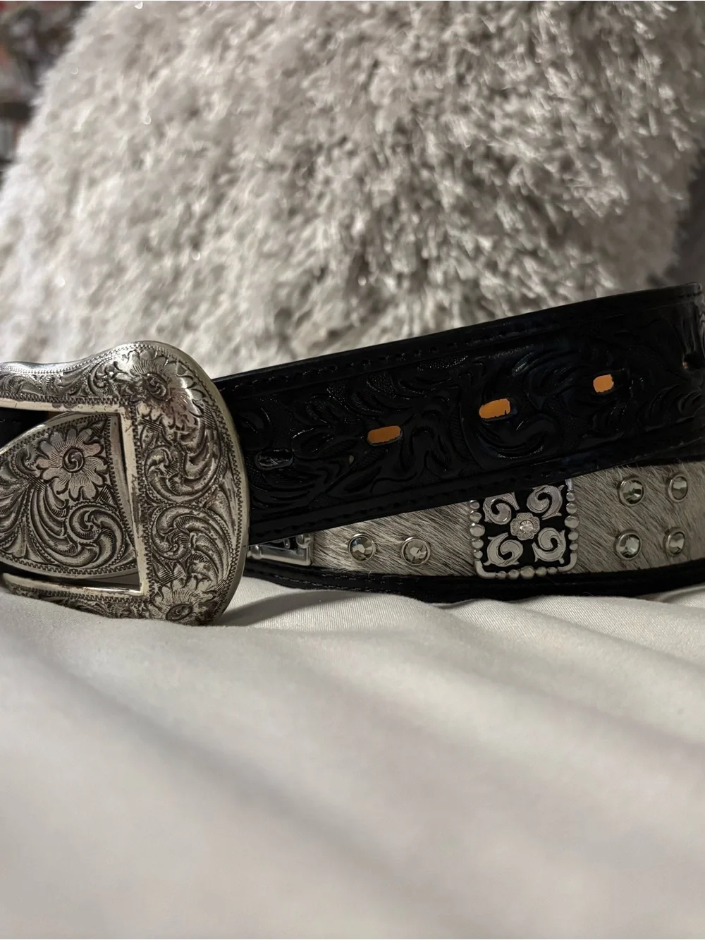 Men's Black Tooled Leather Belt with Engraved Silver Buckle